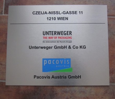 Firmen Schild Aluminium Niro Look mit Farbe nach Wunsch