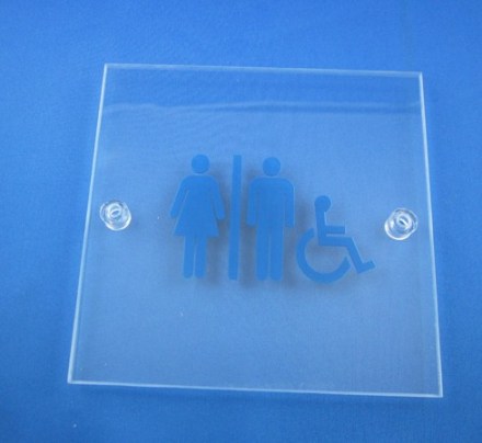Hinweisschild Plexi durchsichtig mit internationalem WC Symbol