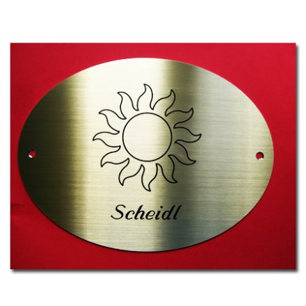 Messing Schild satiniert tiefgraviert. Sonderform OVAL
